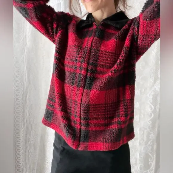 Vintage Plaid Fleece Jacket Red Black Faux Fur Collar Zip Front Size S - Picture 3 of 10